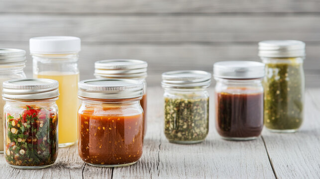 Glass jars with variety of colorful sauces in outdoor setting
