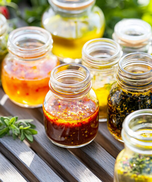 Variety of glass jars with assorted hot pepper and chilli sauces, copy space