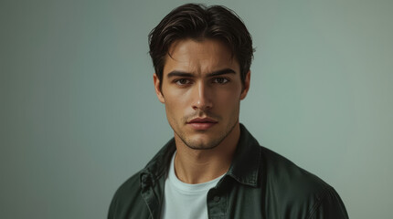 Fototapeta premium Athletic man portrait with sculpted jawline and serious expression