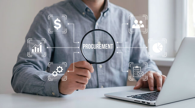 Businessman analyzing procurement processes with digital graphics and laptop