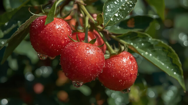 Ripe red cherry fruit with sparkling dew drops on leafy branch