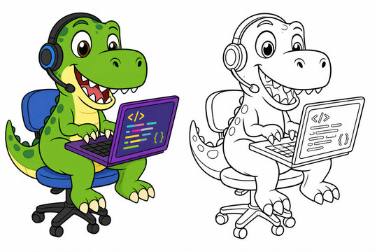 Cute cartoon T-Rex dinosaur coding on laptop wearing headphones, kids educational computer activity book coloring page vector