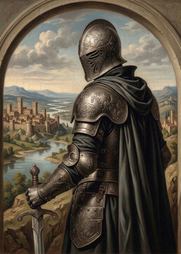 Mysterious Knight in Dark Cloak and Armor Looking Out over Ancient Town, Fine Art