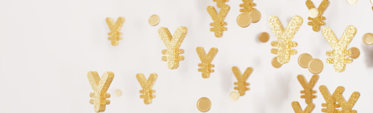 Yen signs drift down over a smooth surface, highlighting currency in use and inviting attention. This 3D render showcases financial themes with gold elements and a simple backdrop