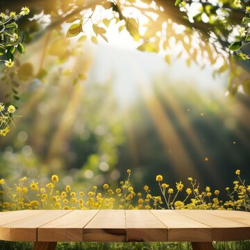 Bright outdoor shot for wild forest honey. A clean wooden podium set in a blooming wildflower garden 