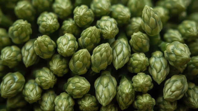 Green hop cone close up showing fresh textured botanical harvest detail