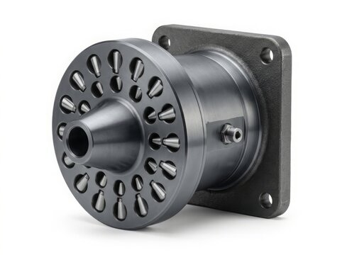 Industrial hydraulic motor and mechanical pump part photo. Heavy machinery metal component with circular nozzle pattern and mounting flange. Precision engineering hardware for factory equipment
