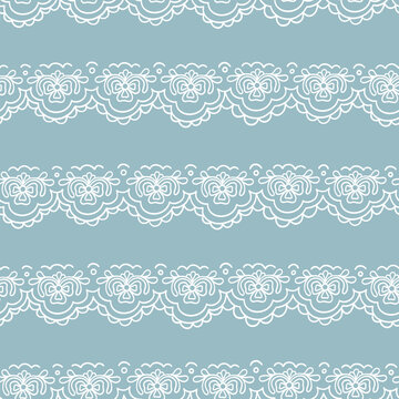 Seamless pattern of delicate lace with flower ornate. Floral ruffle ribbon. Inspired by vintage doilies, romantic textiles. Pale blue hand drawing background