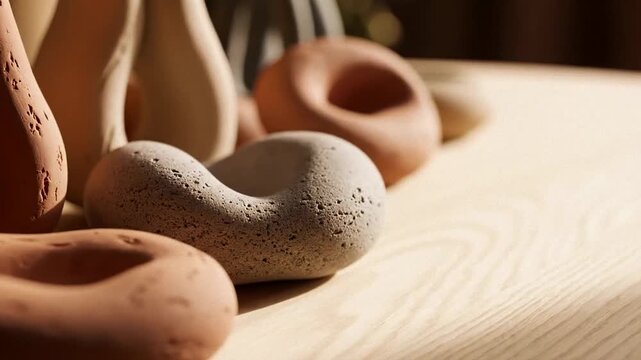 Close up of smooth, varied ceramic objects arranged artfully; the natural tones suggest earthy, handmade craftsmanship; perfect for modern home decor accents