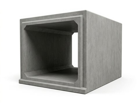 Concrete box culvert section for drainage system. Precast reinforced cement square pipe for civil engineering and road construction. 3D render isolated on white background for industrial use