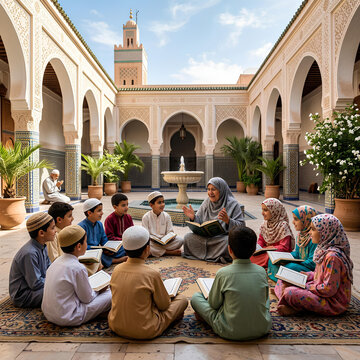 Islamic Education Children Learning Quran in a Traditional Moroccan Courtyard