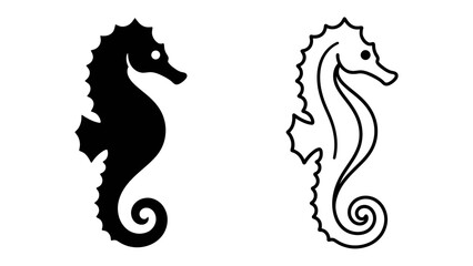 Seahorse Icons: A pair of seahorse icons, one solid black silhouette and the other an outline drawing, represent this unique marine creature. © Saifa
