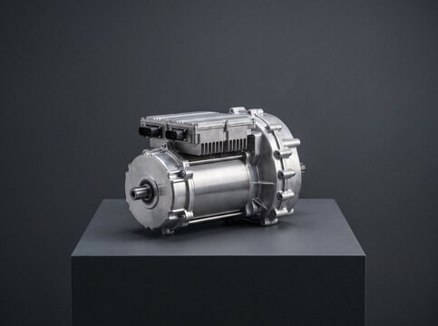 Polished aluminum electric vehicle e-axle motor and inverter module on a dark pedestal