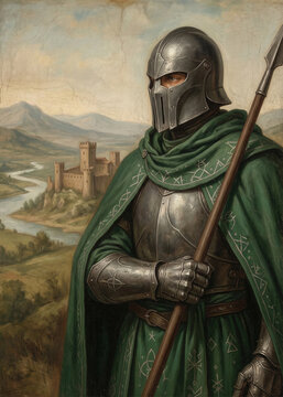Armored Knight in Green Cloak Holding Spear in Mountain Landscape, Fine Art Painting