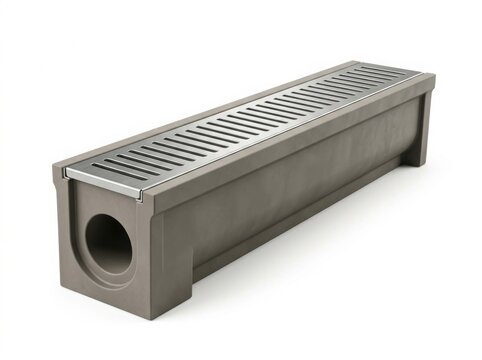 Concrete drainage channel with steel grate isolated on white background. Linear storm drain system for rainwater management and street infrastructure. Studio 3D render illustration