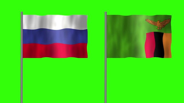 Flag of Zambia and Russia, Pole flag of Zambia and Russia on Green screen chroma key, Zambia and Russia flag waving.
