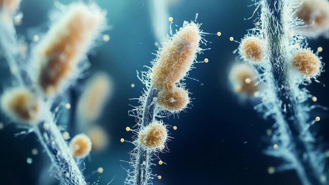 Mold spores grow on surfaces in a laboratory setting, showcasing their structure and reproduction process