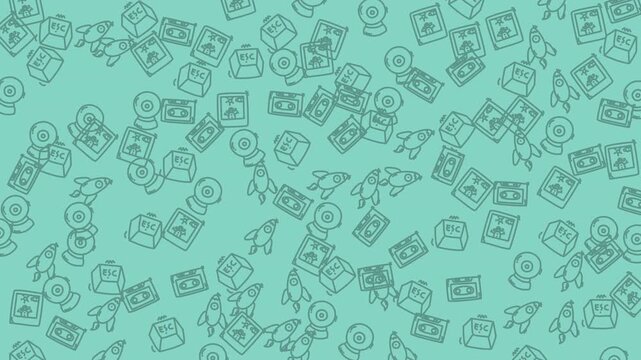 Teal pattern with rocket spaceship desktop monitor computer keyboard icons. Suitable for technologyrelated designs like websites, presentations, and banners.