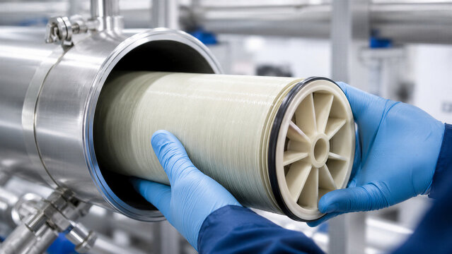 Technician hands in blue gloves installing membrane filter cartridge into stainless steel housing. Water purification system maintenance. Industrial filtration technology concept.