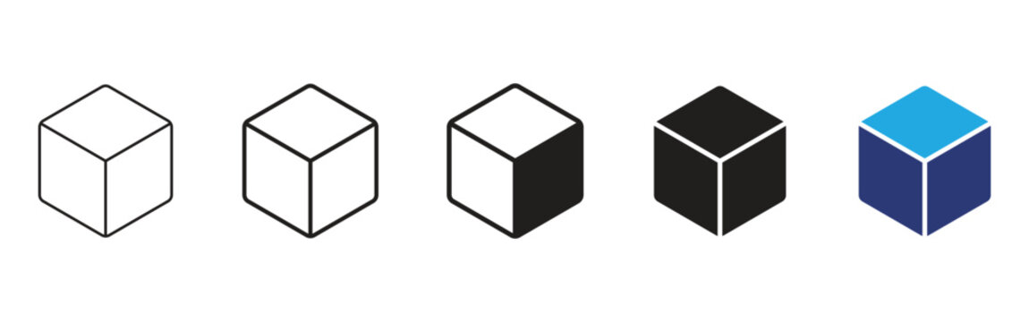 Isometric 3d cube geometry icons set showing different line stroke styles solid black and blue color fills for graphic design