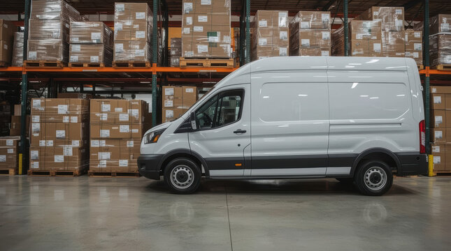 White delivery van parked beside wrapped parcels in warehouse aisle