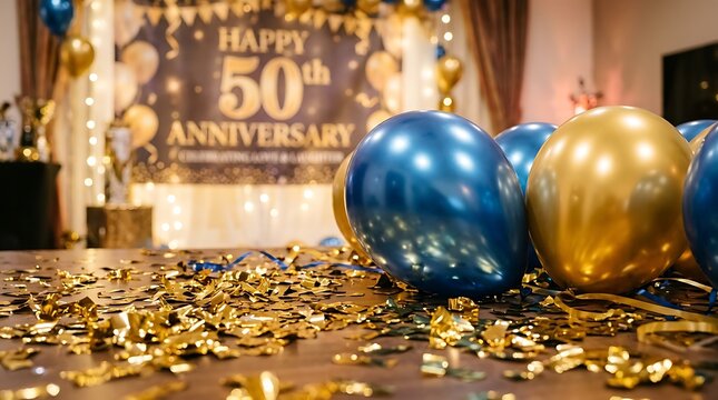 Blue and gold balloons and confetti on a wooden surface party