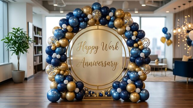 Blue and gold balloons arch with happy work anniversary sign