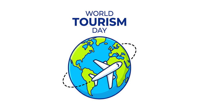 World Tourism Day Concept, Travel Illustration with Airplane and Globe. Cartoon Graphic Design Element for Holidays, Vacation, and Travel Agency Website.