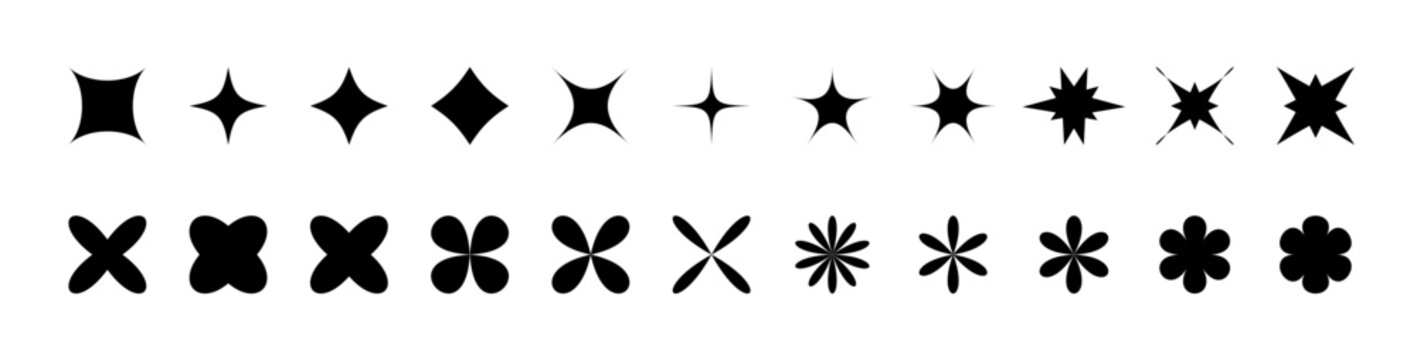 Minimalist Brutalist Sparkle Star and Geometric Shape Silhouette Vector Icon Set for Retro Y2K Graphic Designs Patterns Branding and UI Elements