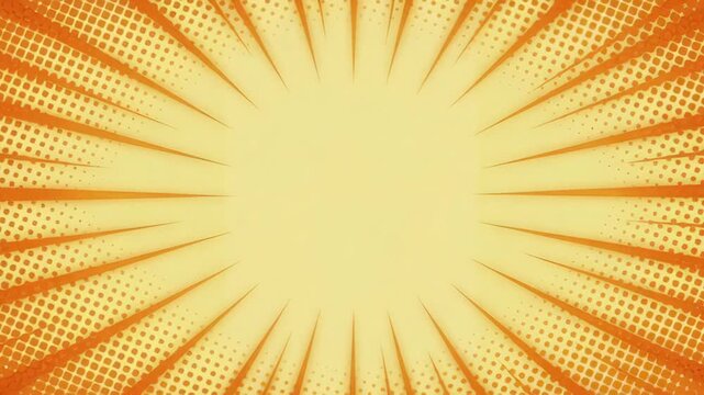 Abstract retro pattern golden sunburst background with bright empty center, comic dot texture for copy space, yellow orange halftone frame, warm radial burst, bright center space