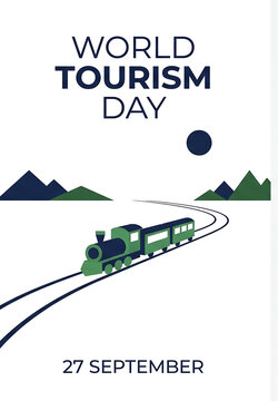 World Tourism Day, Vintage steam train on rails, Minimalist landscape with mountains, 27 September illustration, Vector graphic for travel
