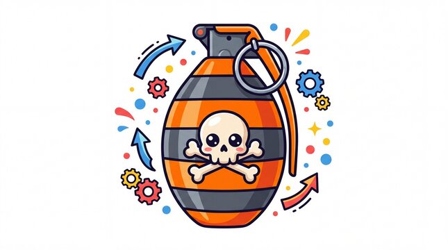 Cartoon hand grenade with cute skull and colorful gears depicted in vibrant style on white background