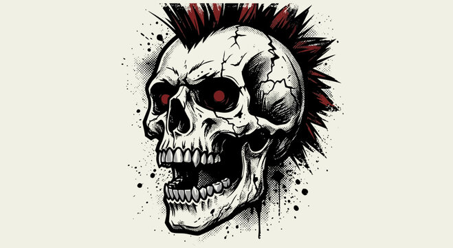 Punk Skull Mohawk Red Eyes Cracked Dark Grunge Style