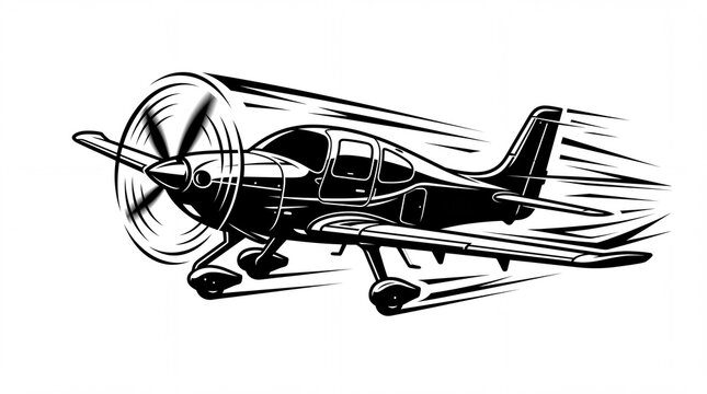 Small propeller plane flying fast with motion blur lines drawn in high contrast on white background