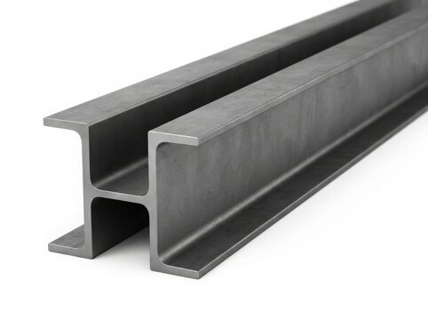 Steel I-beam industrial girder close up. Heavy metal construction support beam isolated on white background. Structural engineering material for skyscraper building and architectural project