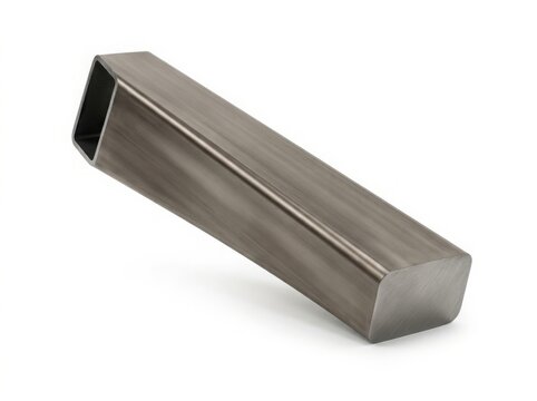 Rectangular steel tube profile on white background. Hollow structural section metal pipe for construction and manufacturing industries. Studio product photography of industrial iron material