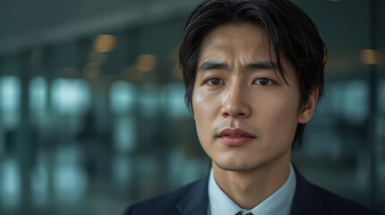 Obraz premium Asian businessman thoughtful expression close up portrait in modern office setting