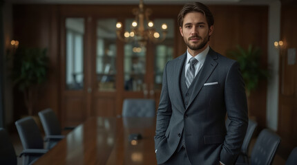 Fototapeta premium Confident lawyer standing beside polished conference table in elegant office