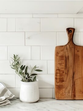 Aesthetic product listing template for kitchenware. On the right, a smooth white marble kitchen countertop edge with a small wooden cutting board and a tiny olive branch
