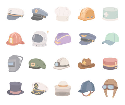 Profession hat set featuring sailor police chef builder doctor firefighter stewardess conductor soldier miner sheriff captain beekeeper jockey aviator headwear