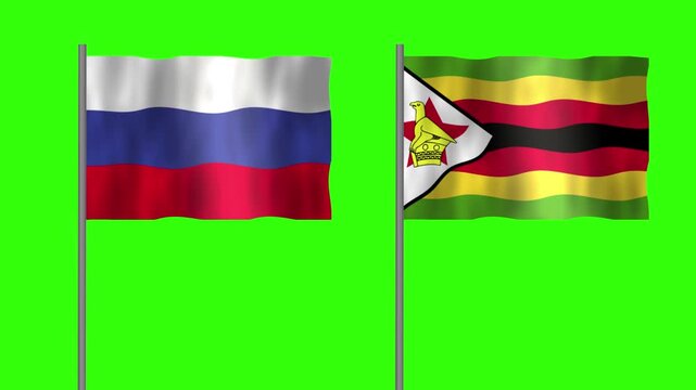 Flag of Zimbabwe and Russia, Pole flag of Zimbabwe and Russia on Green screen chroma key, Zimbabwe and Russia flag waving.
