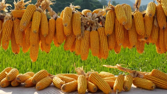 Dried Corn Cobs Hanging in Sunlight Above Green Field