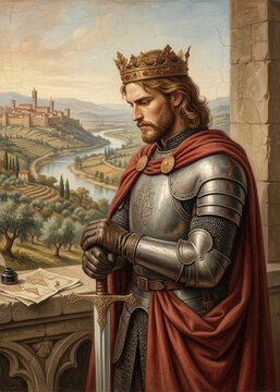 Thoughtful Medieval Knight in Armor and Red Cloak Standing by Castle Balcony, Historical Art