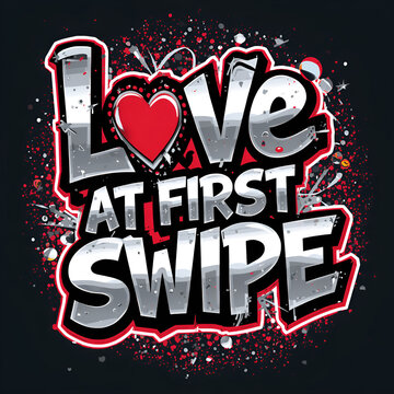 Love at first swipe typography design with red heart and metallic lettering.