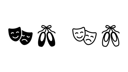 Theater and Ballet Icons: A collection of iconic symbols representing theater and ballet, featuring a pair of theatrical masks and ballet slippers, symbolizing drama and dance. © Saifa
