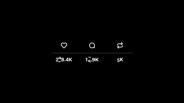 Social media interaction icons counter, animated like and share counters, dark UI overlay with alpha channel