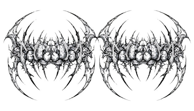 Intricate symmetrical black and white ink illustration of a dark gothic metal band logo.