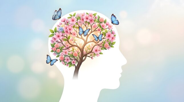 Human brain, tree, Mindfulness, Creativity. Human brain tree with flowers and butterflies, self care and mental health concept, positive thinking, creative mind