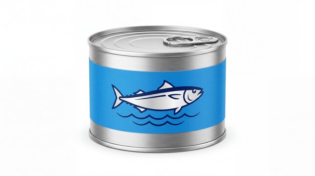 Metallic tuna fish food can featuring blue label design isolated rendered clearly on white background