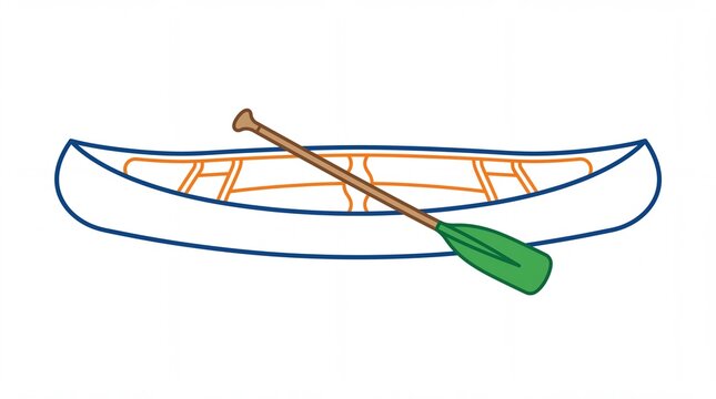 Simple flat vector illustration of a small wooden canoe with paddle shown on white background